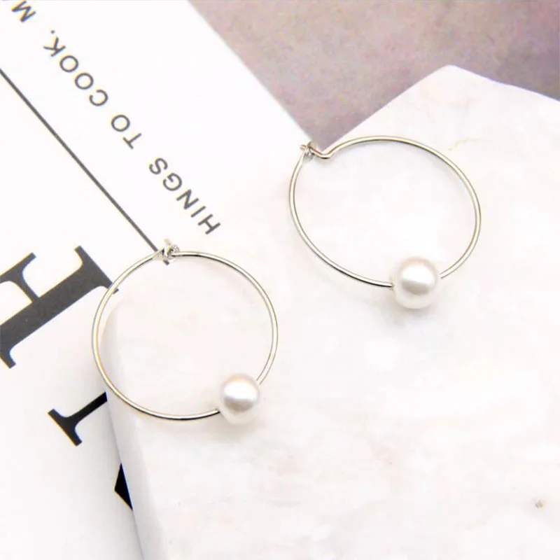 

H:HYDE New 1Pair Sliver Color Elegant Simulated Pearl Hoop Earrings For Women Circle Shape Earings Party Jewelry Wholesale