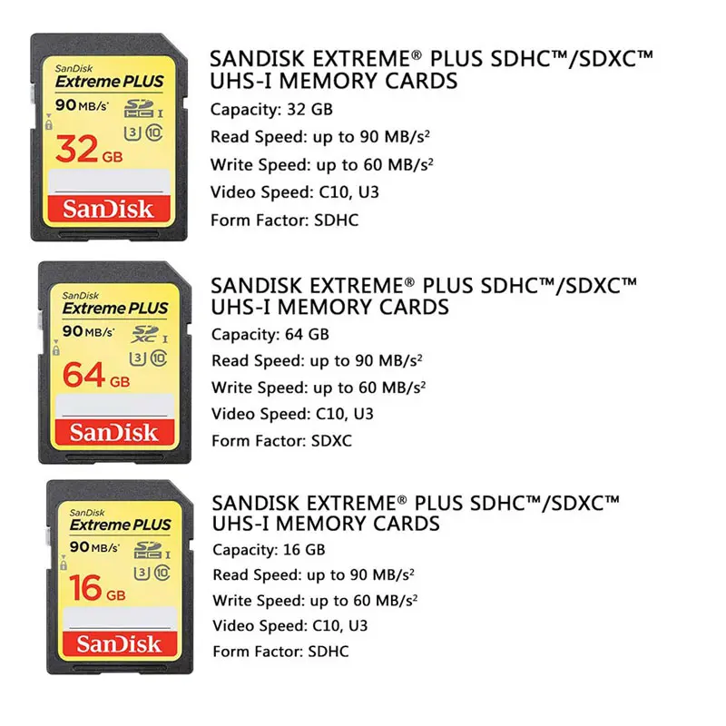 Sandisk SD карта 32 gb Extreme V30 Class 10 U3 Карта памяти SDHC карты Скорость до 90 МБ/с. SD 32 ГБ для цифровой зеркальной камеры 4K FullHD Профессиональный Камера