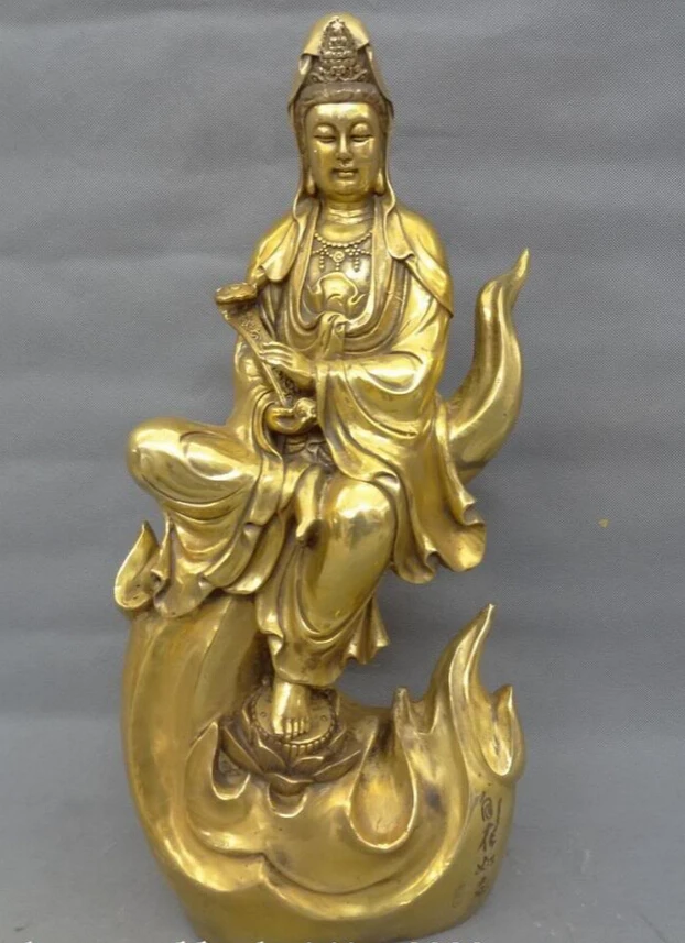 

USPS to USA S1804 20" Chinese Brass Pray Lotus RuYi Kwan-yin Guan Yin On Lotus Goddess Statue B0401
