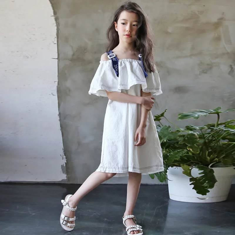 Со складками, с открытыми плечами INS/платье для девочек летнее платье детская Костюмы, из хлопка, на бретелях, белое фиолетовое детское платье; одежда для детей возрастом от 4 до 15 лет