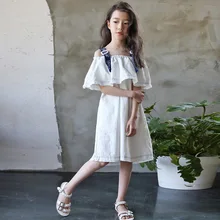 Со складками, с открытыми плечами INS/платье для девочек летнее платье детская Костюмы, из хлопка, на бретелях, белое фиолетовое детское платье; одежда для детей возрастом от 4 до 15 лет