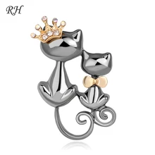 Vintage Metal Crystal Couple Queen Cat Brooch For Women Mom Collar Pins Corsage Double Animal Brooch Badges Jewelry Accessories blucome shining big green flowers brooches for women vintage crystal brooch corsage women sweater hats scarf suit jewelry pins