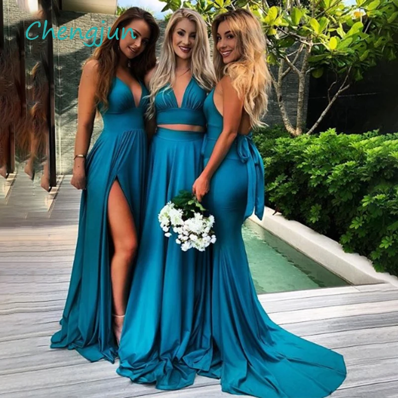 

Chengjun V Neck Halter Satin Turquoise Bridesmaid Long Dress For Wedding Party