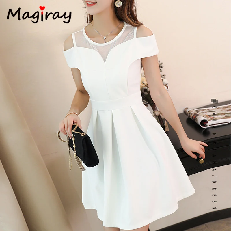 

Harajuku Mesh Cold Shoulder Mini Dress Women 2019 Summer Korean Style Elegant Dress Pleated Female Cocktail Party Vestidos C165