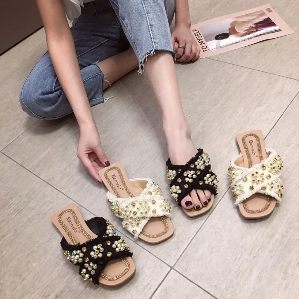 

Shoes Rivet Designer Slides Slipper Women String Bead Flat Slippers Luxury Sliders 2019 Fabric Rome Hoof Heels Basic PU Fashion