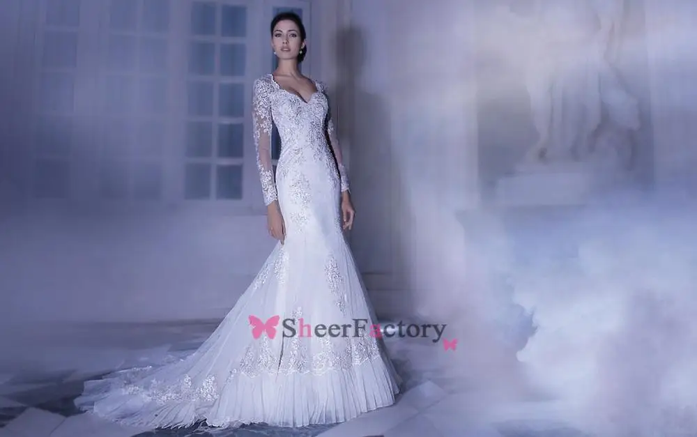 2014 New Arrival Mermaid Wedding Dress Stunning Dreamy White V Neck Sequined Lace Covered Button Court Train Custom Made Bride G |