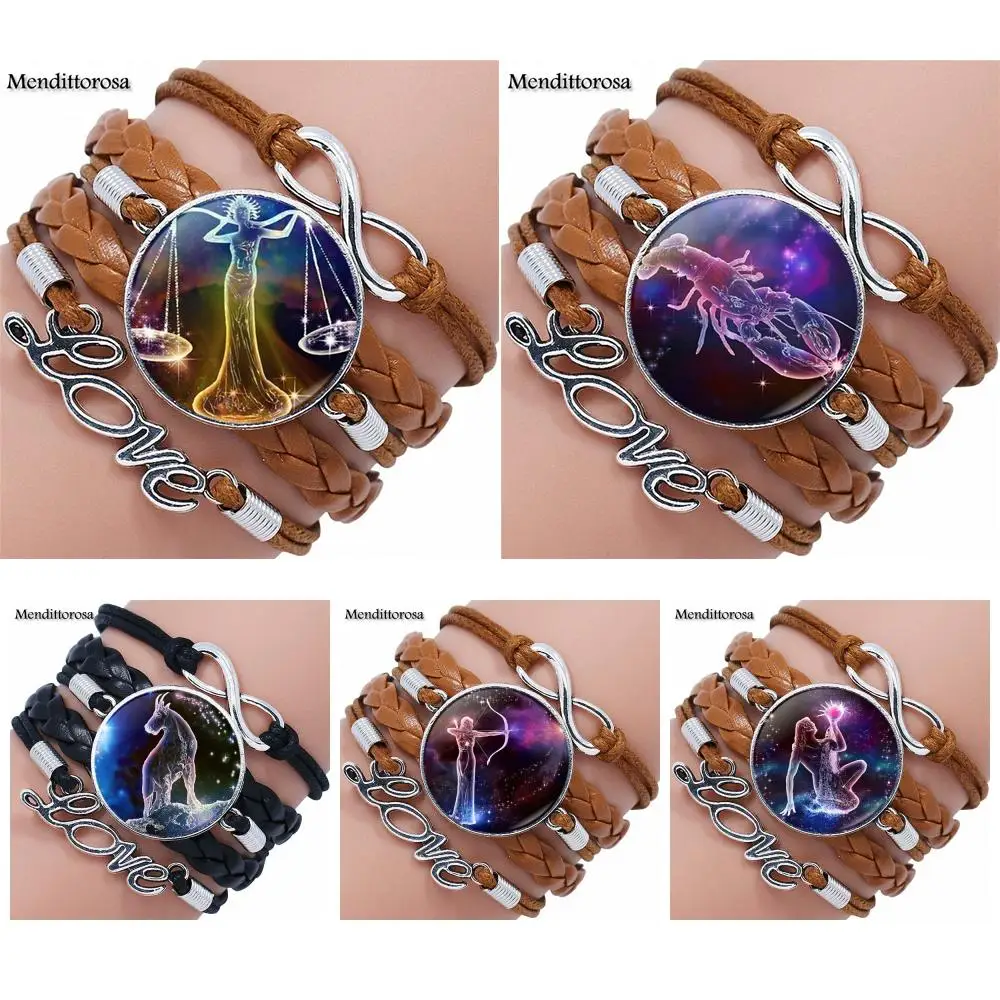 

EJ Glaze For Child Zodiac Signs 12 Constellation Brand Jewelry Multilayer Black/Brown Leather Bracelet Bangle Glass Dome