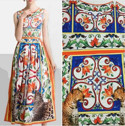 

135X150cm Multicolor Majolica the Leopard Panther Soft Polyester Cady Linen Fabric for Woman Girl Summer Dress Sewing DIY-AF254
