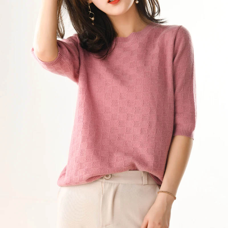 

BELIARST Cashmere Spring and Summer New Solid Color Sweater Loose Knitting Female Round Neck Five-Point sleeve Hollow Pullover