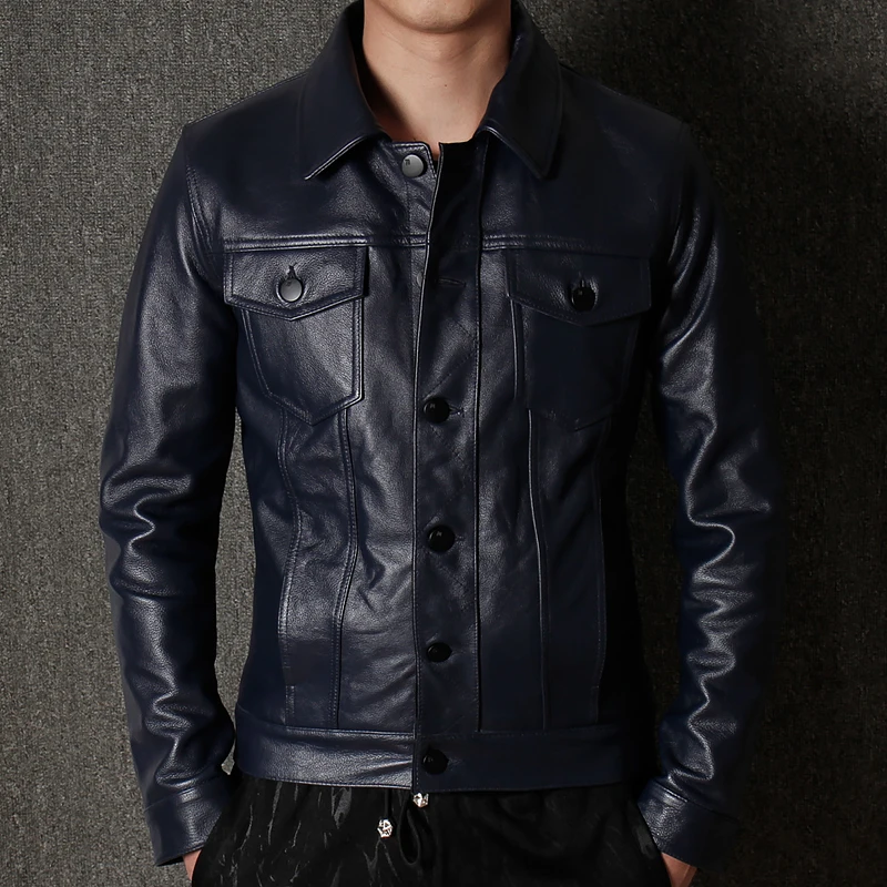 

YR!Free shipping.sales.Man warm genuine leather jacket.cool blue casual cowhide coat.plus size slim business style jacket.