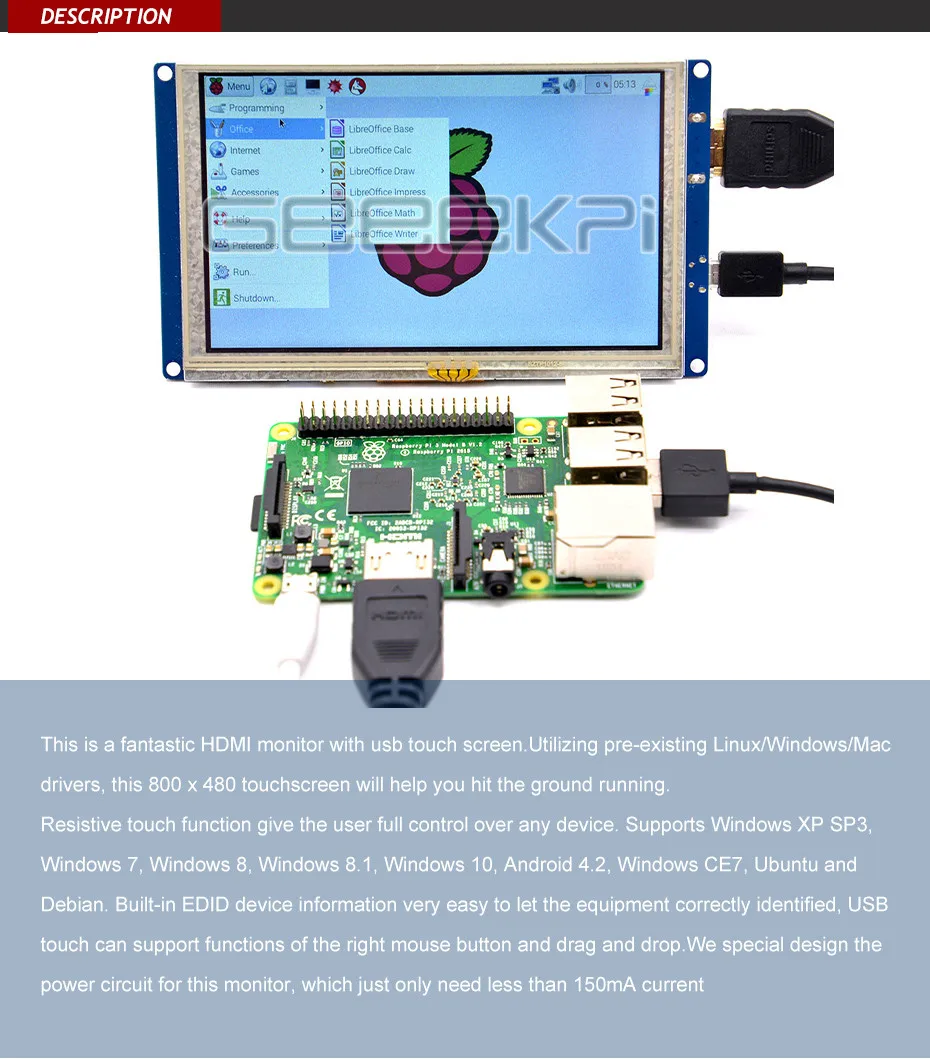 GeeekPi 5 дюймов 800*480 ЖК-дисплей HDMI Сенсорный экран Дисплей Бесплатный драйвер для Raspberry Pi 4B/3B+/3/2 Модель B/PC оконные рамы