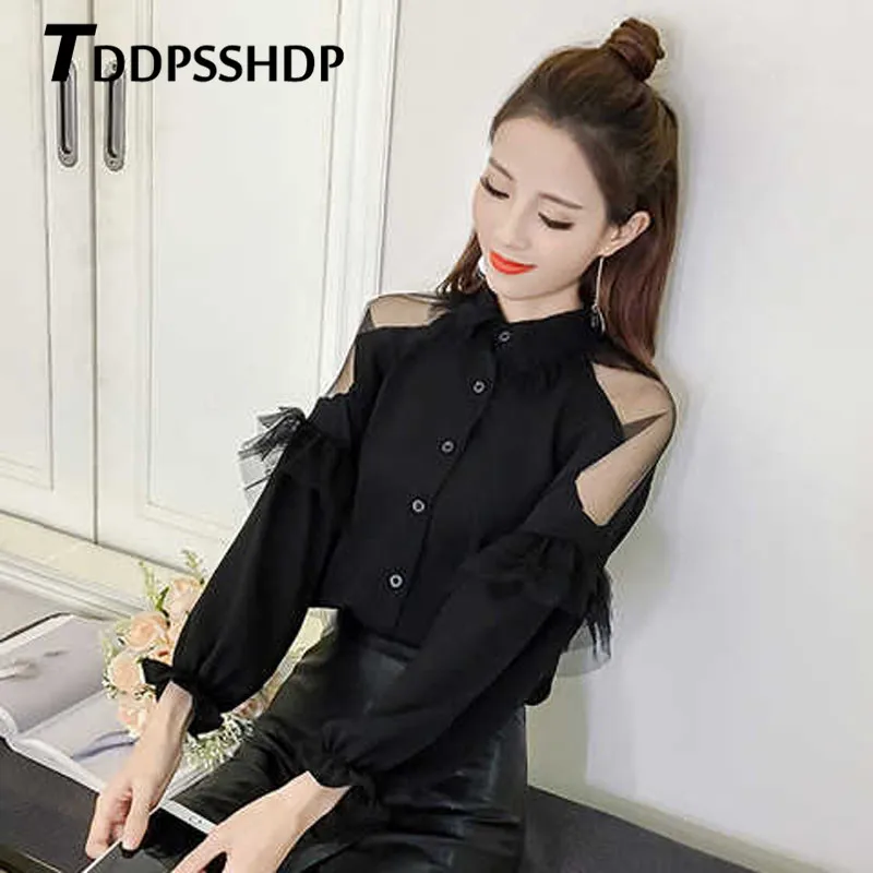 

2019 Spring Expose Shoulder Chiffon Women Blouse Black and White Sweet Lantern Sleeve Female Blouses