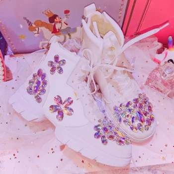 

Autumn Winter Martin Boots Women Rhinestone Ankle Boots for Woman Punk Combat Motorcycle Boots Bling AB Crystal Platform Shoes