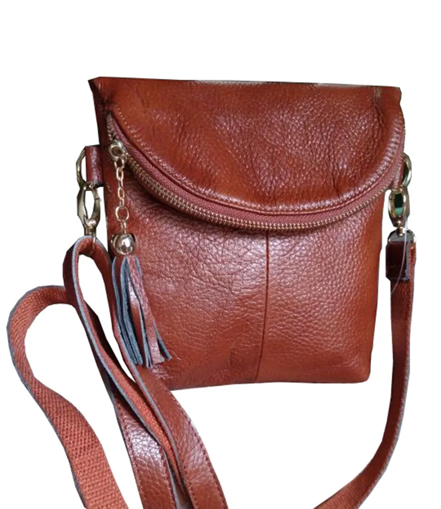 100 Luxury Real Genuine Leather Small Brown Tassel Zip Bag Lady Clutch