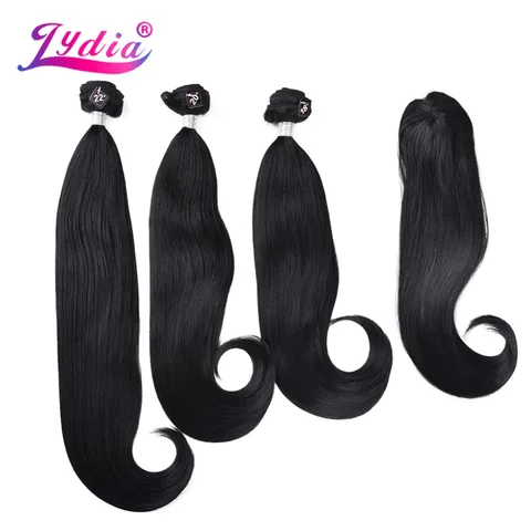 Extensões de Cabelo Pacote com Livre Feixes de Fechamento Lydia Polegada Bouncy Curly Cor Natural Cabelo Sintético Tecer 220 g – Peça 4 Unidades 18-22