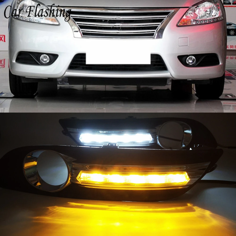 

Car Flashing 2pcs LED DRL Daytime Running Lights Daylight For Nissan sentra Sylphy 2012 2013 2014 2015 yellow turn Signal lamp