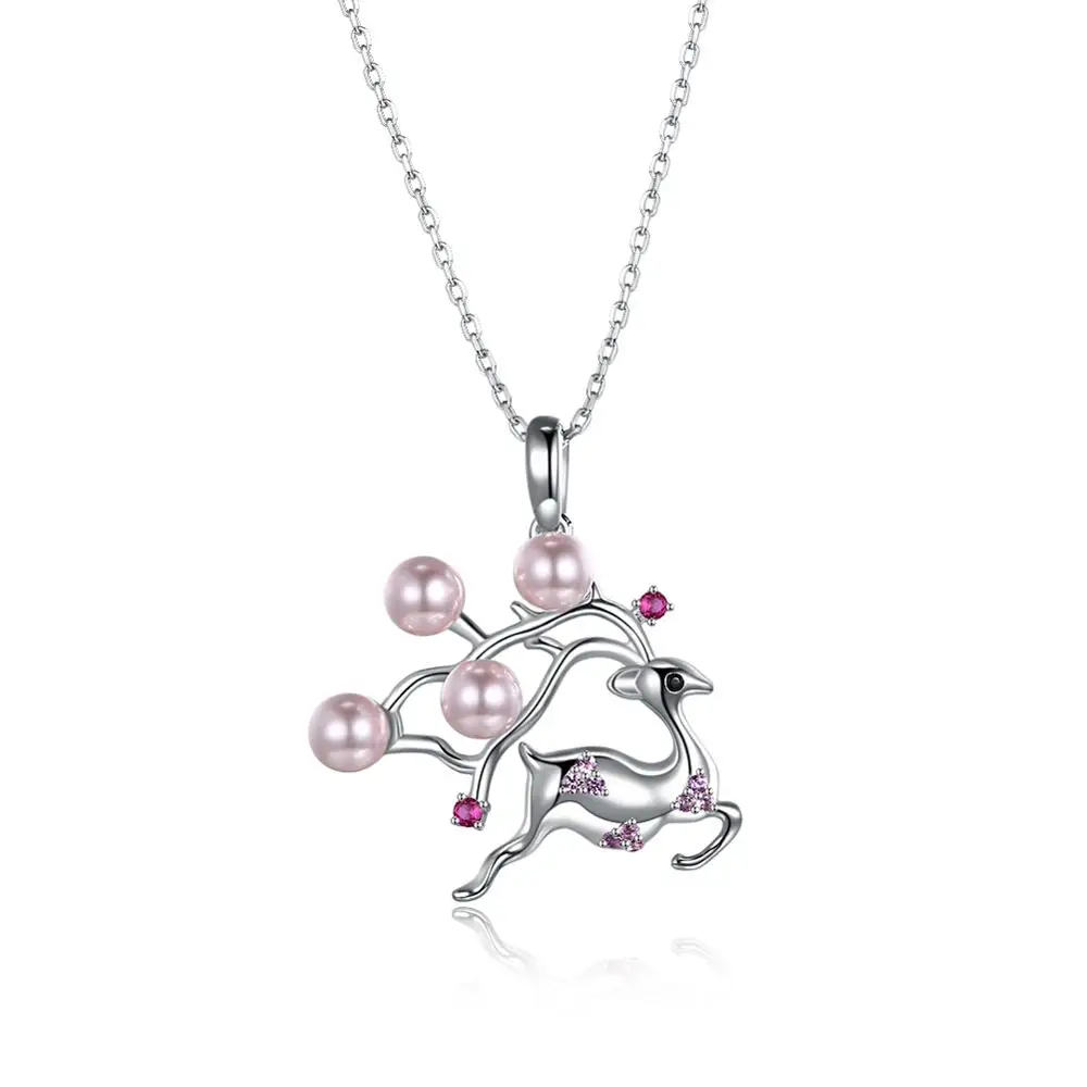 

Crystal from Swarovski Element S925 Pure Silver Christmas Explosive Plum Deer Individual Pearl Pendant Necklange SVN348