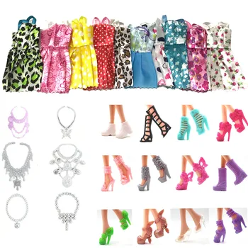 

NK 28 Items/Lot=10 Pcs Mix Sorts Beautiful Party Clothes Fashion Dress +6 Pcs Plastic Necklace+12 Pairs Shoes For Barbie Doll DZ