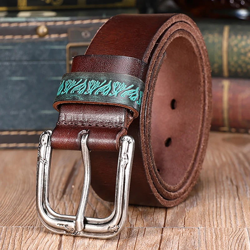 

New Men's Vintage Luxury Cow Leather Belt Men Designer Print Metal Pin Buckle Leather Belt High Quality Men Casual Trousers Belt