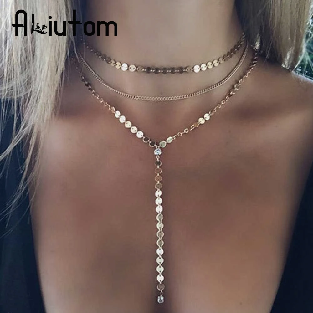 

ALIUTOM 2017 Copper material sequins crystal necklace tassel pendant 3 layer Set Disc Lariat Pendant Necklaces Bohemian jewelery