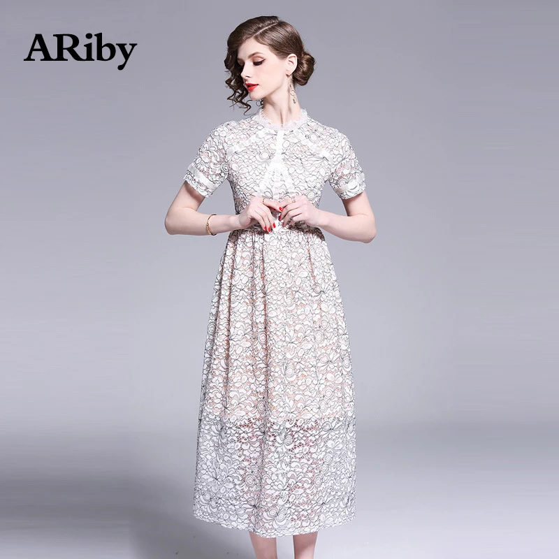 Women Dress Summer Elegant Long Maxi Dress 2019 New Office Lady Slimming Lace Stitching Stand Collar Short Sleeve A-Line Dresses