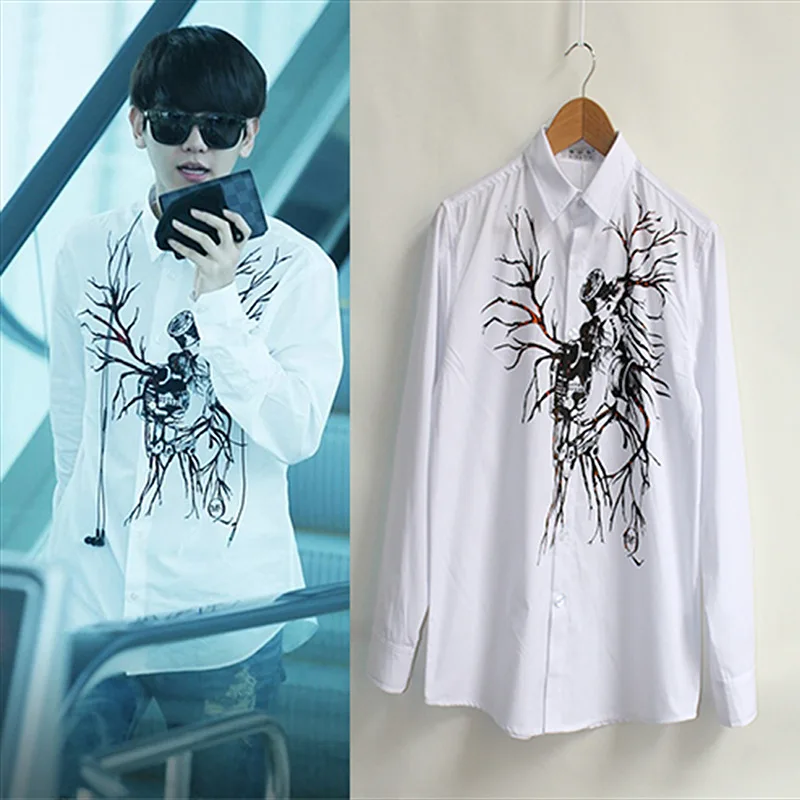 

EXO Wu Yifan KRIS same shirt CF endorsements spring and summer the same paragraph long-sleeved white shirt with graffiti