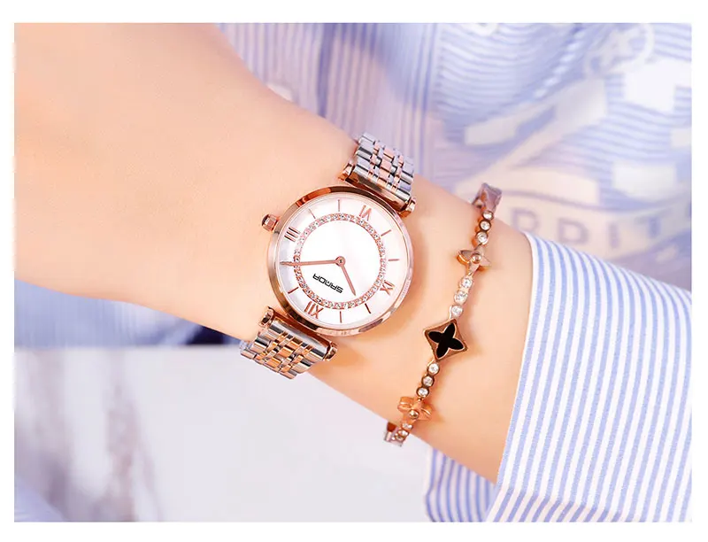Sanda часы женские водонепроницаемые розовое золото Сталь с бриллиантами перламутровый циферблат Звездные Кварцевые женские наручные часы relogio feminino