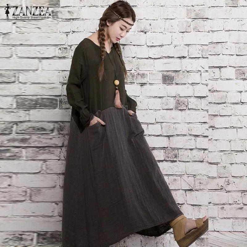 

2019 Autumn Vintage Cotton Long Dress Casual Loose Long Sleeve O Neck Maxi Patchwork Dress Vestidos Plus Size ZANZEA Women