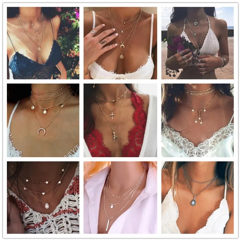 

XINSHIQIN Fashion Multiple Layers Cross Necklaces For Women Charm Gold Color Chokers Necklace Boho Collares Female Party Jewelry