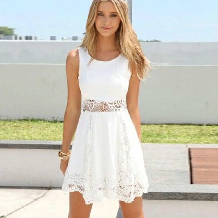 

Summer Women Dress 2019 New Arrival Fashion Sexy Lace Panel Sleeveless Round Neck White Dress Cheap Clothes China Vestidos