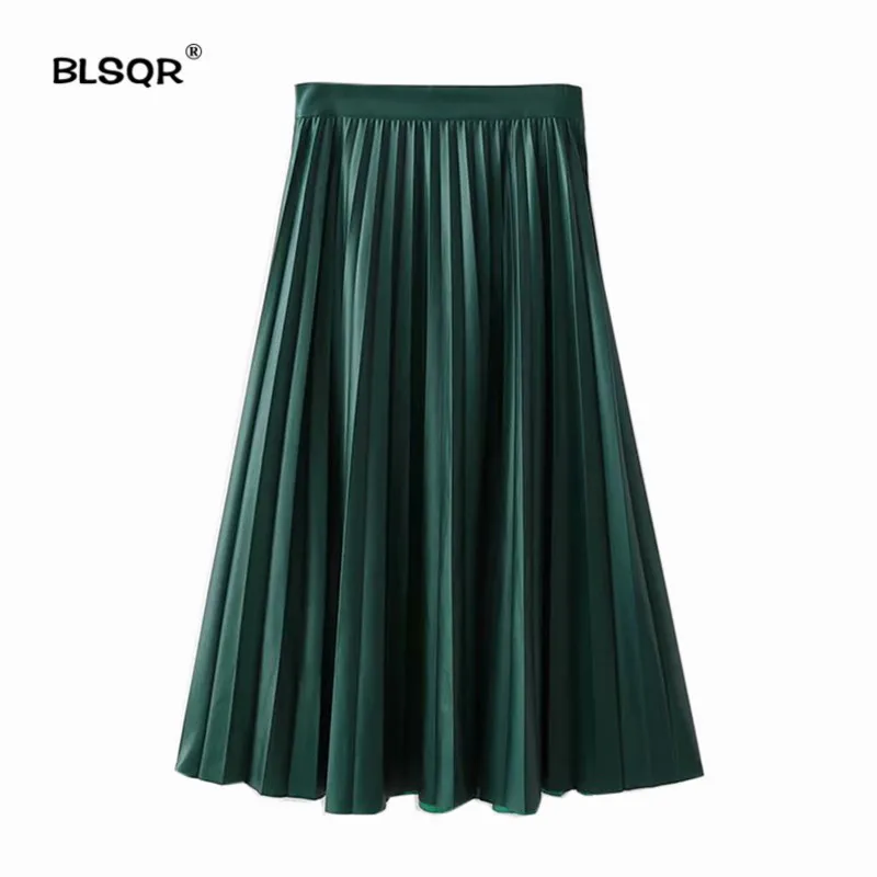 

Women Green Basic Pleated Skirts High Waist Side Zipper Design Vintage Female Casual Chic Mid Calf Skirt Faldas Mujer