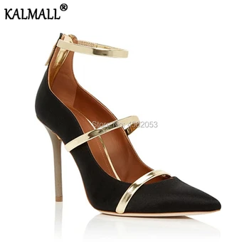 

KALMALL Fashion Silk Satin Wedding Dress Shoes Women Sexy Pointed Toe Pumps Zip Metallic Ankle Straps 10cm Gladiator High Heels