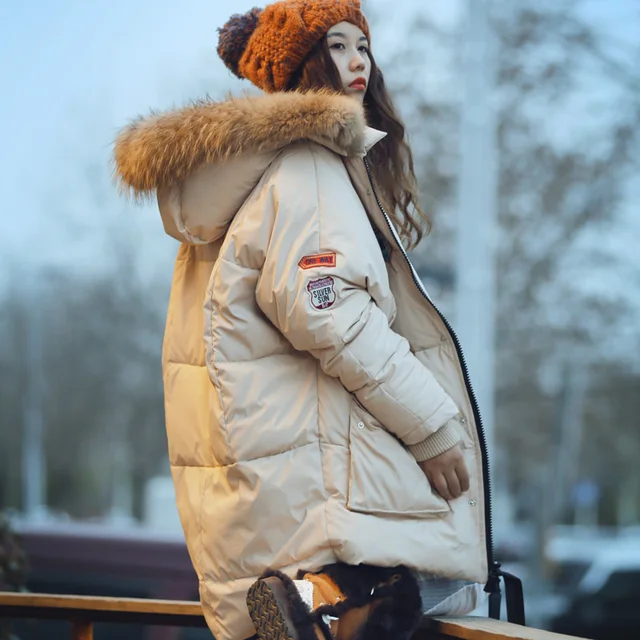 Cheap [MAIXU] wheat original hat raccoon fur Lingchao feather padded clothes girls warm thick bread long