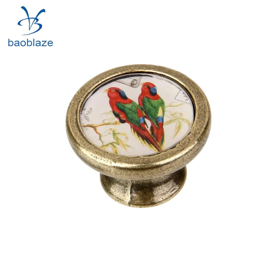 2 Pieces Antique Brass Cabinet Drawer Round Pulls Wardrobe Cabinet Door Cupboard Knob Handle Colorful Birds Pattern