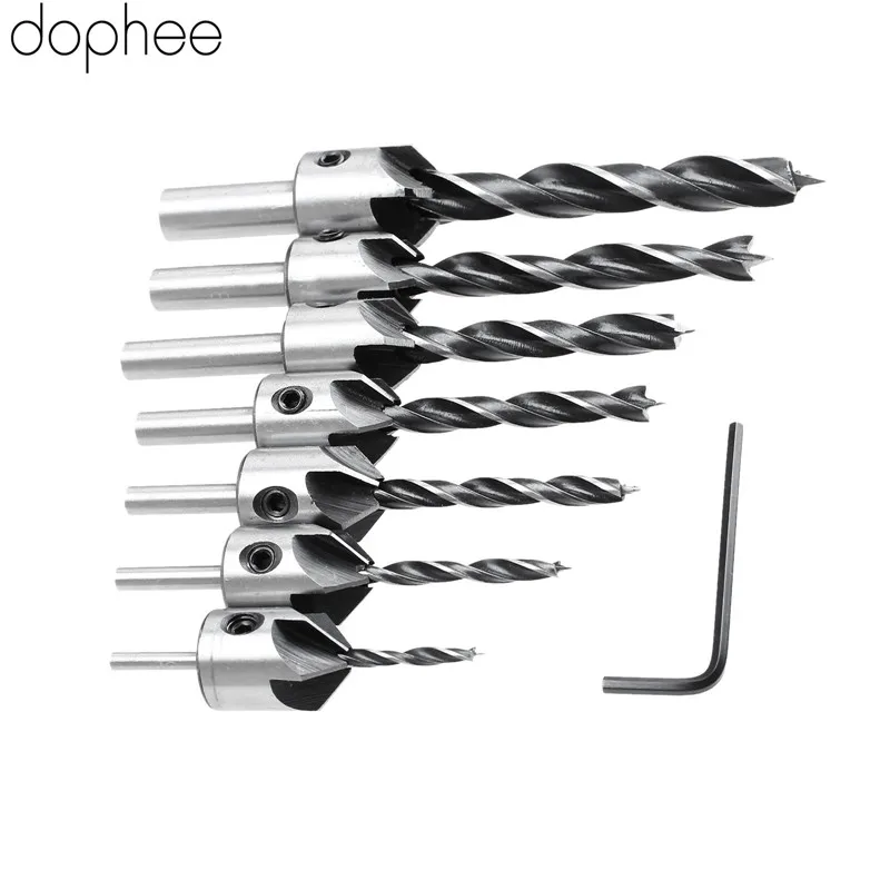 dophee Drilling Accessory HSS 5 Flute Countersink Drill Bit Set Reamer Woodworking Chamfer Power Tools High Carbon 3-10MM 7PCS