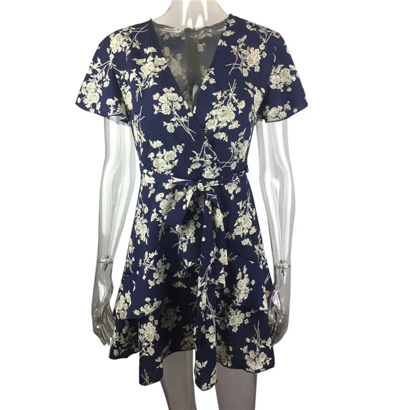  Women Summer Dress Boho Sexy Elegant Casual Floral Print V-Neck Bandage Mini Dress Ladies Sexy Party Dress #4A22 (10)