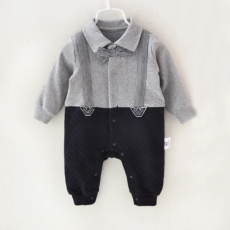 Baby Boy Gray Cotton Romper Gentleman Boy Turn down Collar 1piece