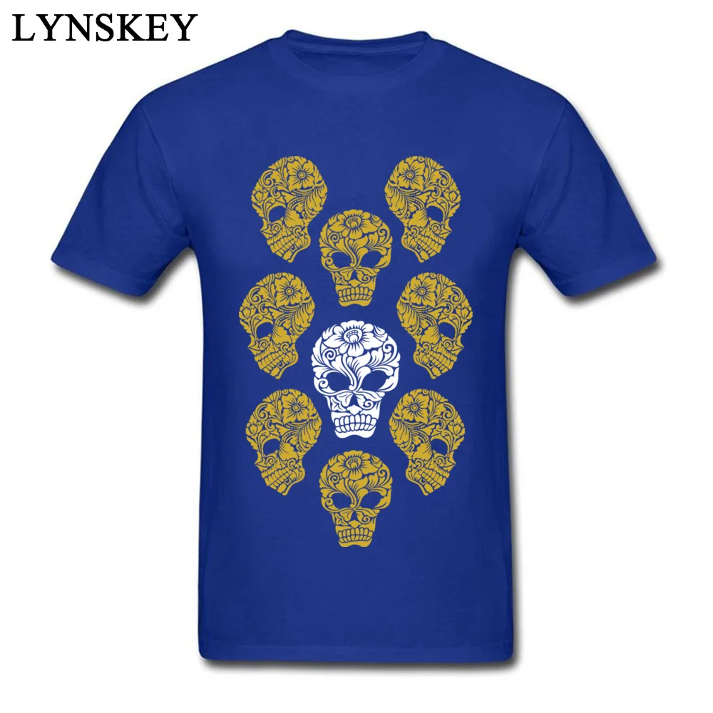 100% Cotton Men Short Sleeve T-Shirt Printed On Tops Tees Cheap Design Crewneck Tee Shirts White and gold skull heads White and gold skull heads blue