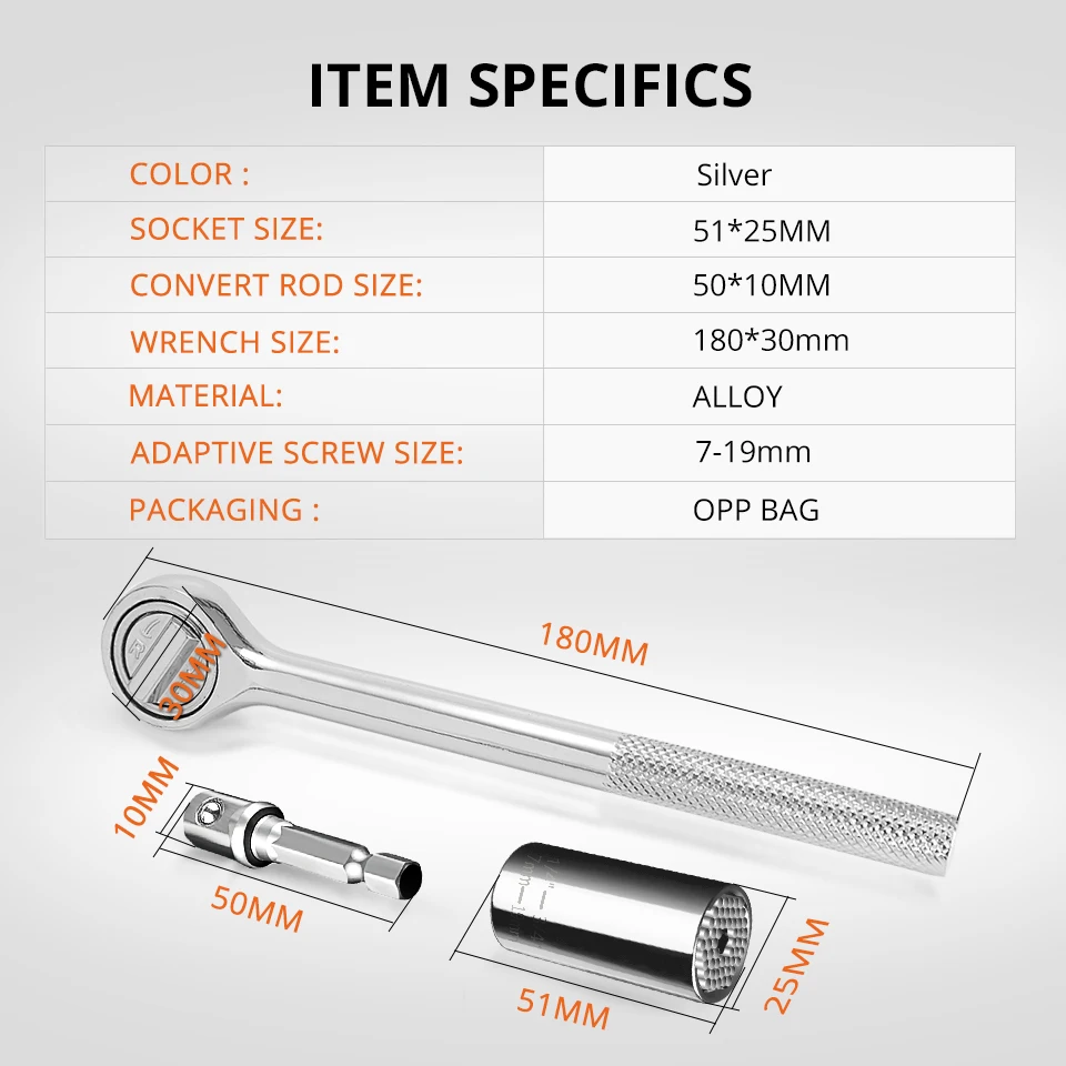 Partol Multi Universal Ratchet Socket 7-19mm Power Drill Adapter Torque Wrench Head Set Sleeve Spanner Key Grip Car Hand Tools