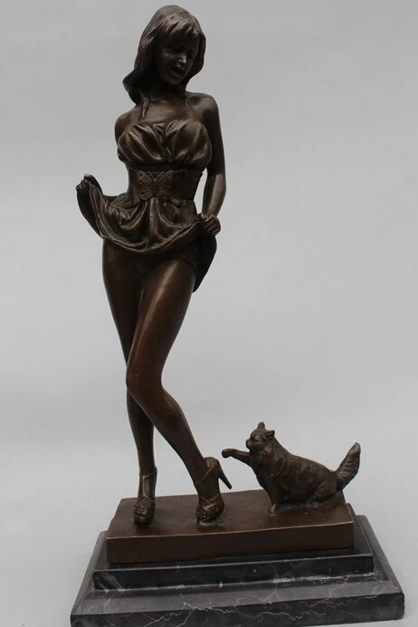 

16"Western Art sculpture Bronze Marble Belle Girl Women Cat Statue R0715 B0403
