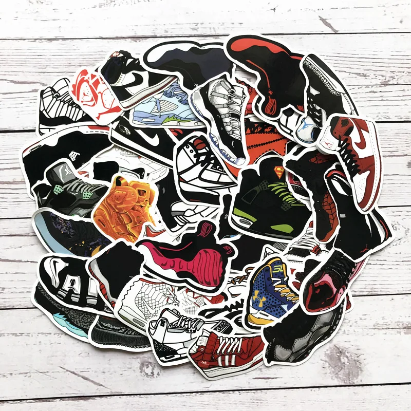 

100 piezas AJ zapatos pegatinas dibujos animados mezclados Jordan SNEAKER pegatinas para Notebook bicicleta equipaje Graffiti Co