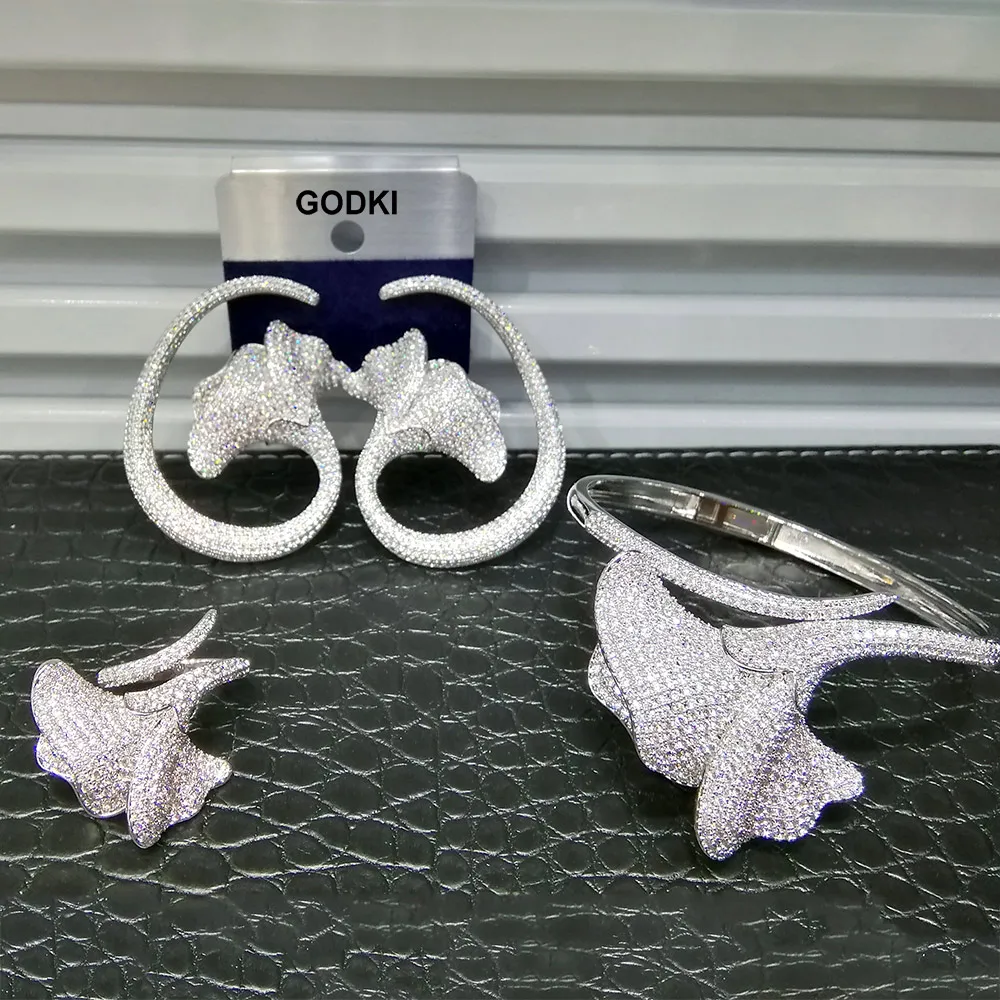 GODKI Luxury Lotus Flower 3pcs Bangle Earring Ring Jewelry Sets For Women Wedding Cubic Zirconia Engagement Dubai Jewelry Sets