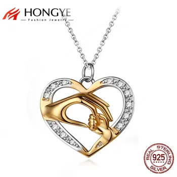 

HONGYE Unique Design 925 Sterling Jewelry Hand in Hand Heart Love Necklaces Pendants Mom Loves Baby Best Friend Gift