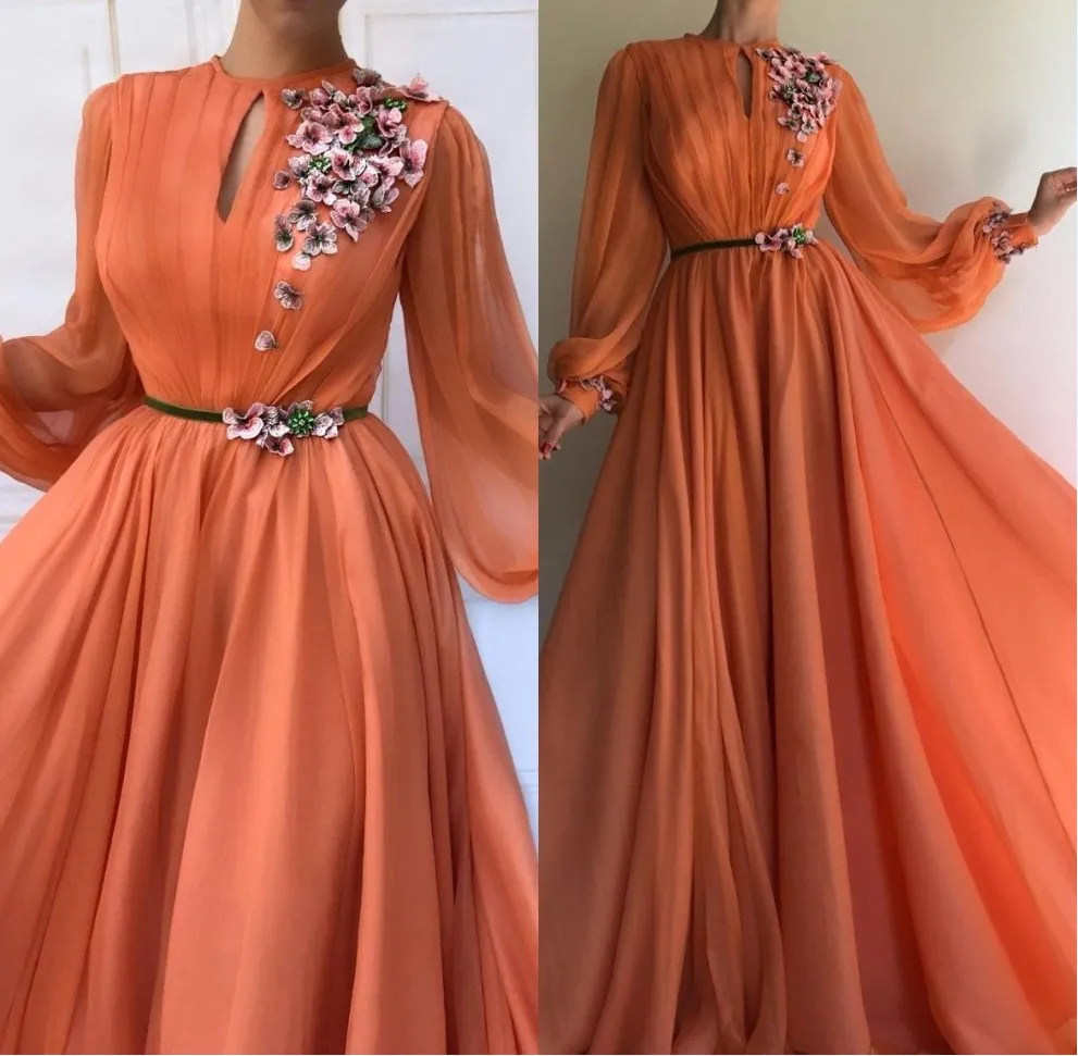Robe de soiree Dubai Orange 3D Flower Evening Dresses Long 2019 Saudi Arabic Long Sleeves Chiffon Evening Gown Prom Party Gown Robe de soiree Dubai Orange 3D Flower Evening Dresses Long 2019 Saudi Arabic Long Sleeves Chiffon Evening Gown Prom Party Gown