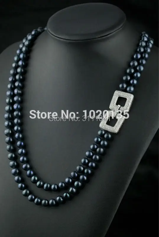  2rows freshwater pearl black near round  9-10mm necklace 18-20inch FPPJ wholesale beads nature  