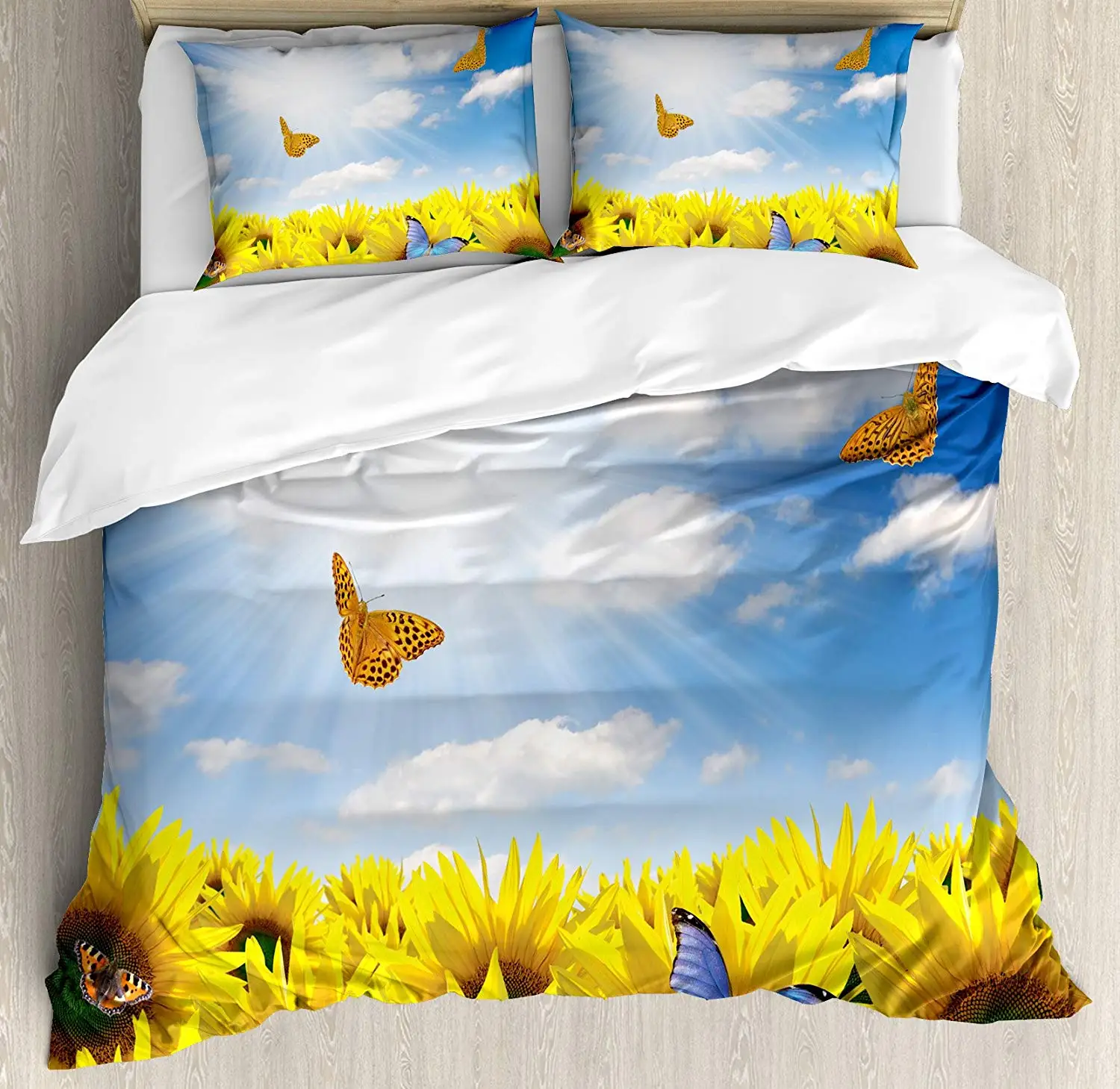

Sunflowers in the Meadow with Flying Butterflies Floral Image Country Style Home Design, Decorative 3 Piece Bedding Set