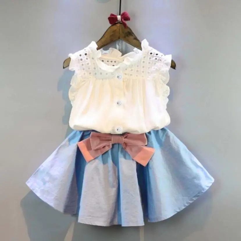 

2-7 Years Summer Baby Girls Conjunto infantil 2PCS Toddler Kids Baby Girls Outfit Clothes Vest T-shirt+Bowknot Short Skirt Set