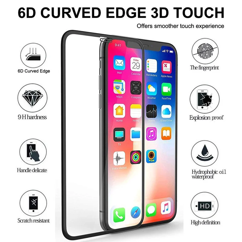 9H Защита экрана для IPhone 6/6 P/6 S/6SP/7/7 P/8/8 P/X/XS/XR/XSM закаленное стекло Изогнутый Контур 6D