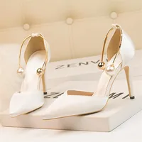 2025 New Elegant Pearl Metal Buckle High Heels Women Sandals Korean Fashion Soft Silk Pointed Ladies Shoes Party Sandals Shallow 7