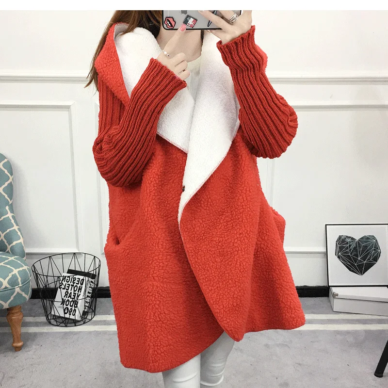 

P Ammy Warm Fleece Hooded cardigans Lady autumn/winter thicken wool coat long loose casual hoodies knitting Sleeve Loose jacket